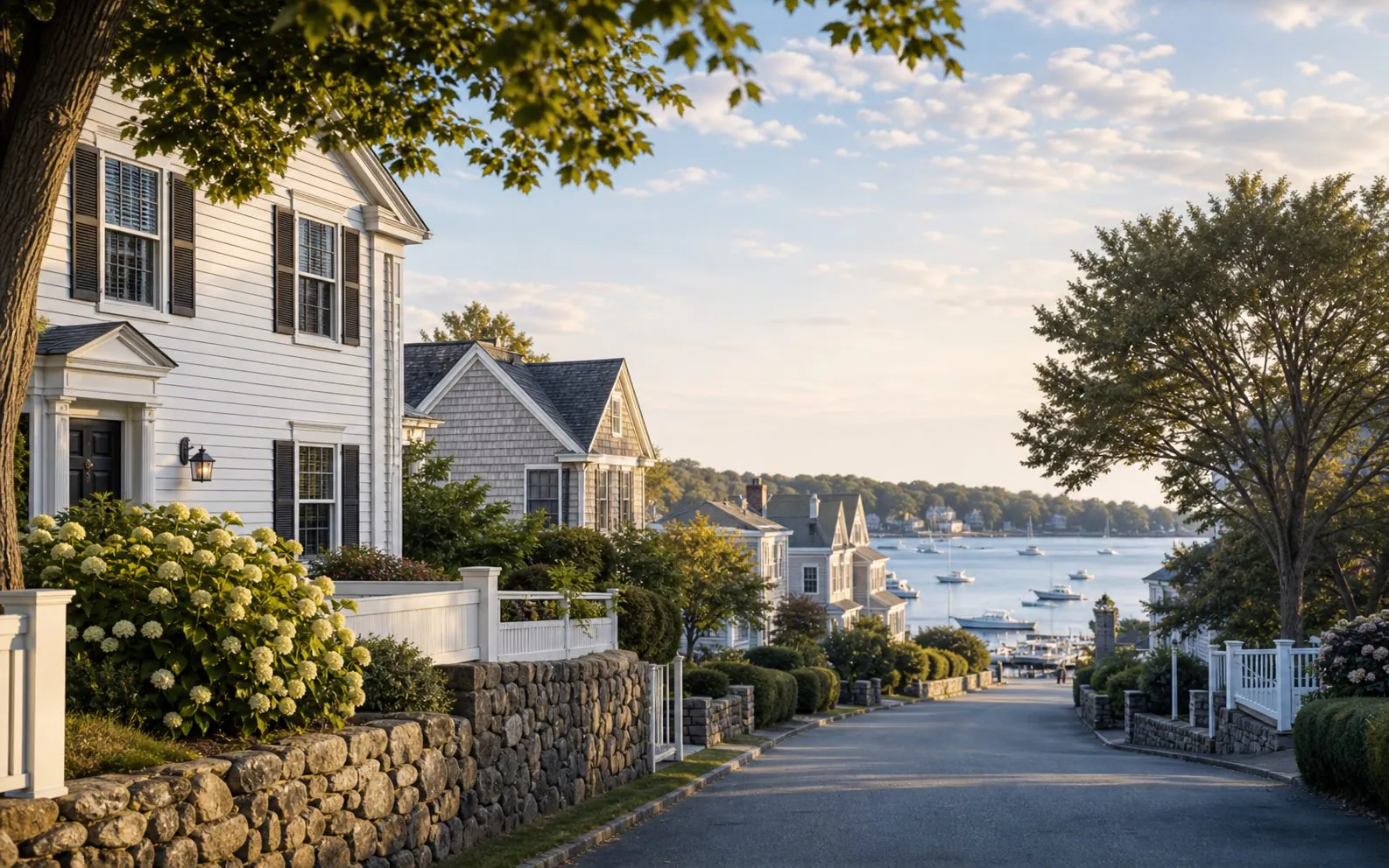 North Shore harbor village with classic homes and coastal water views