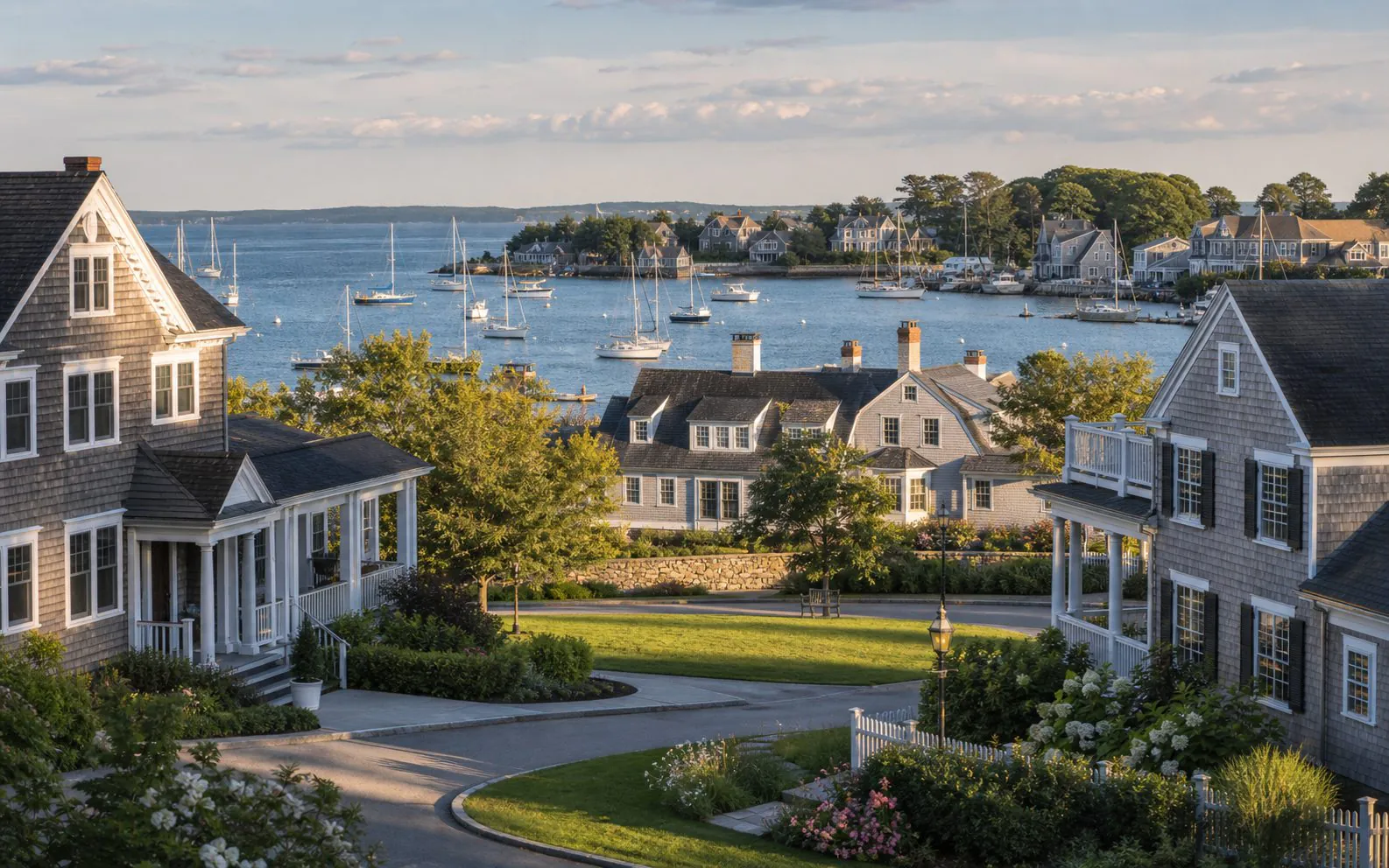 South of Boston harbor homes overlooking sailboats and coastal water